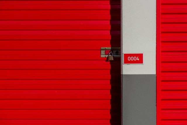 Numbered red roller door on a self-storage unit